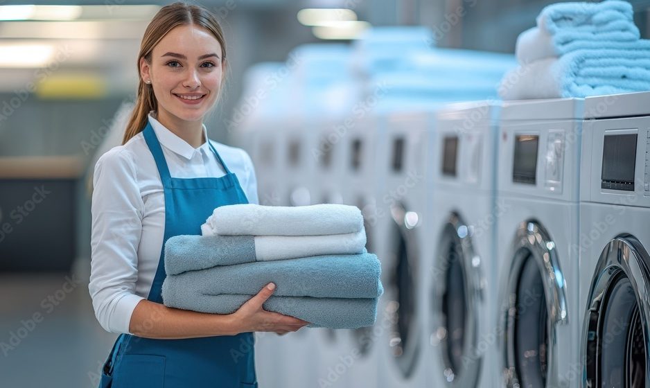 Une employée de maison porte du linge propre dans une buanderie
