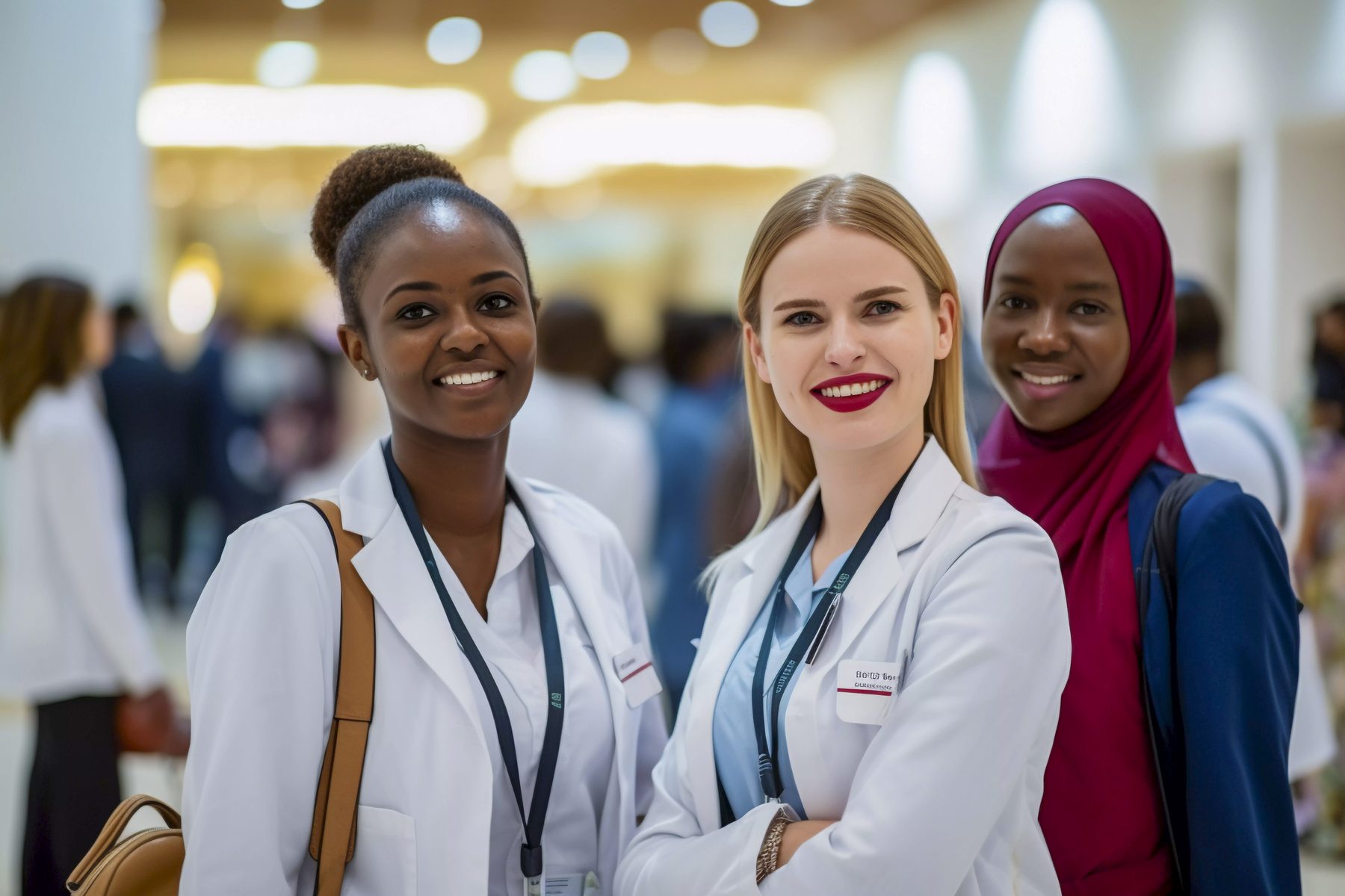 Trois professionnelles de santé souriantes dans le hall d’un établissement